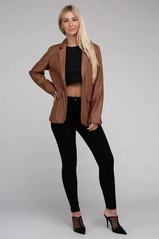 Premium Cognac Faux Legan Leather Blazer