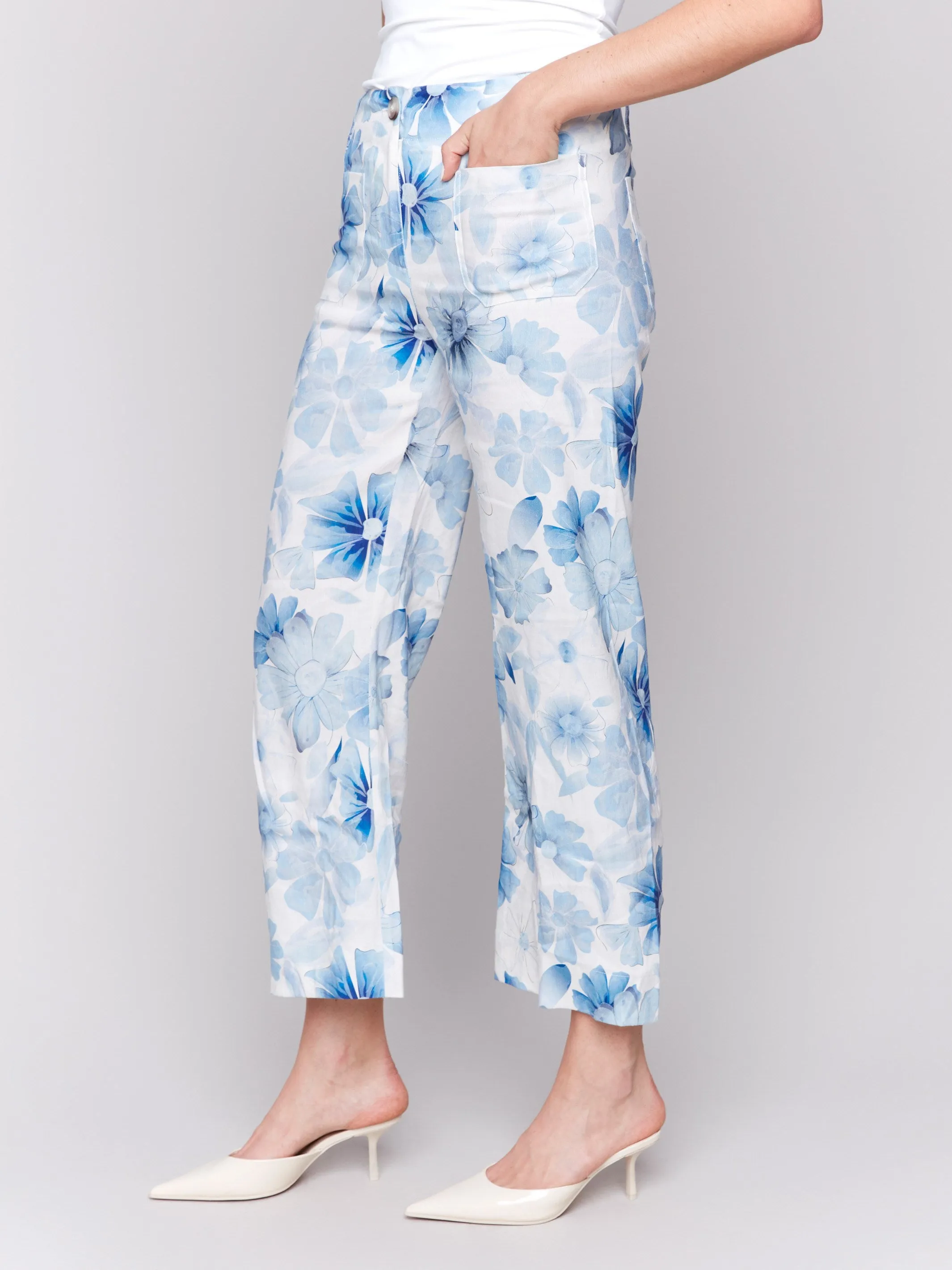 Printed Cropped Linen Blend Pants - Celestial
