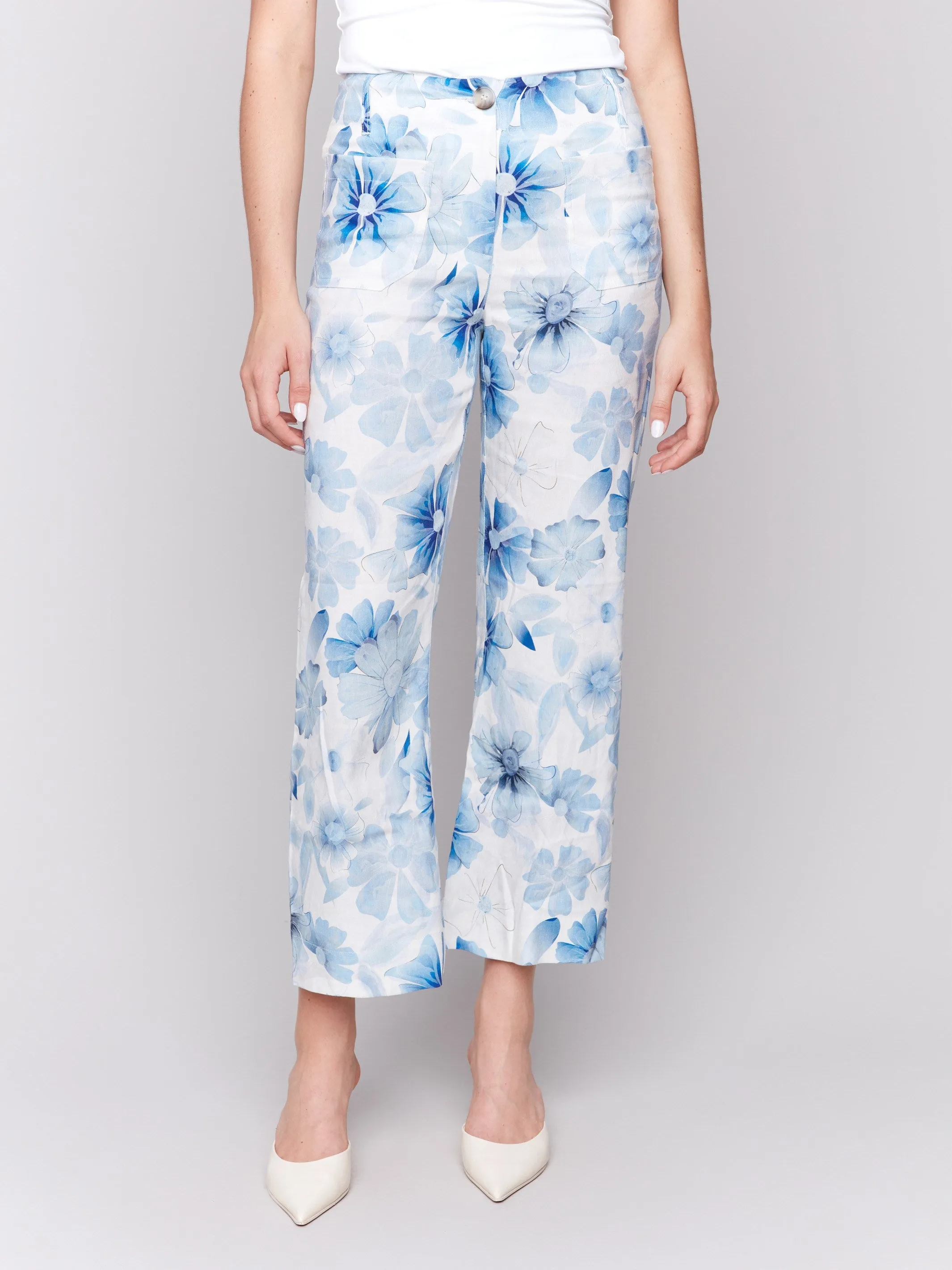 Printed Cropped Linen Blend Pants - Celestial