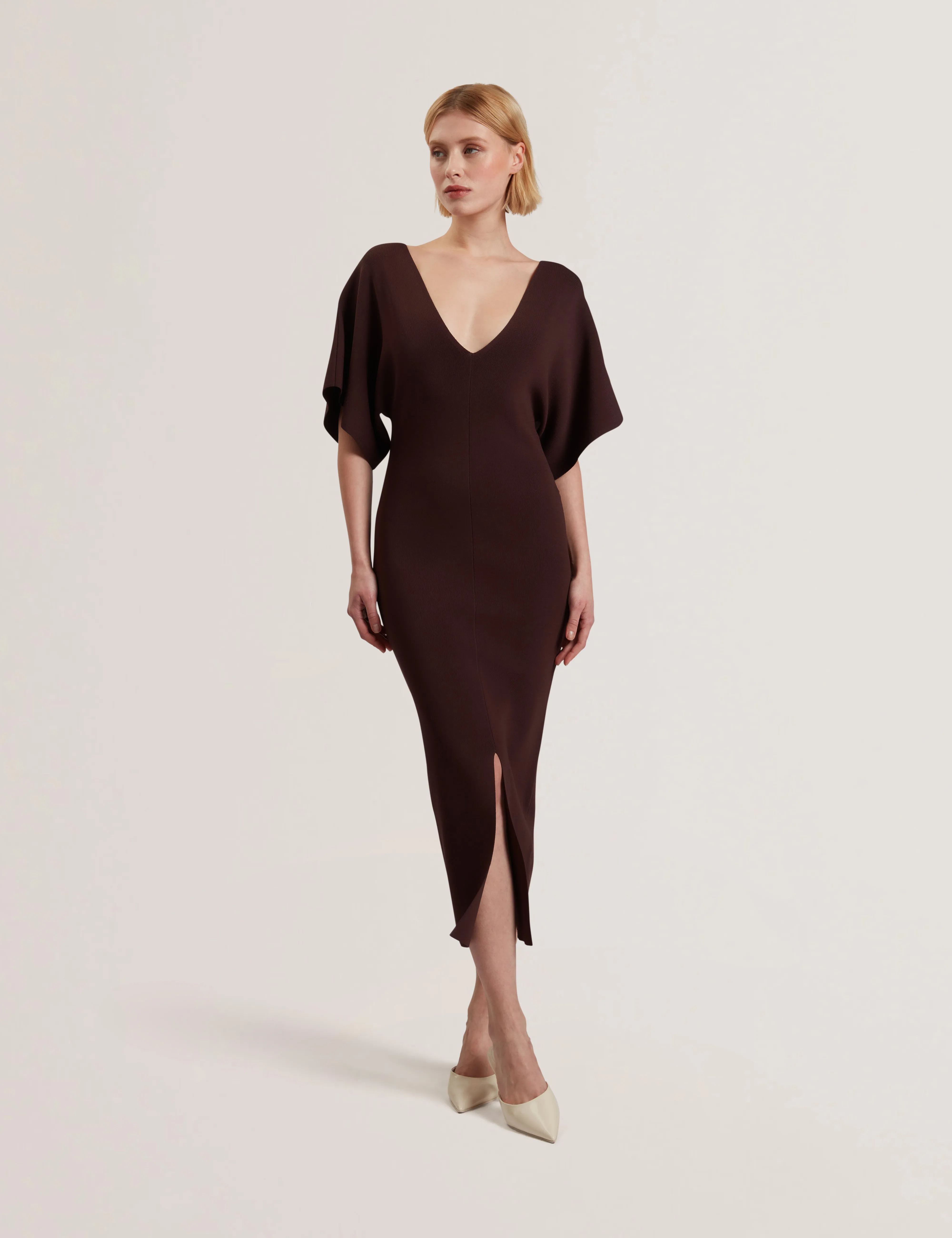 Rebexxa V-Neck Knitted Midi Dress Dk-Brown