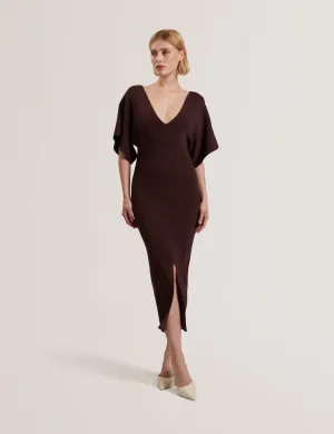 Rebexxa V-Neck Knitted Midi Dress Dk-Brown