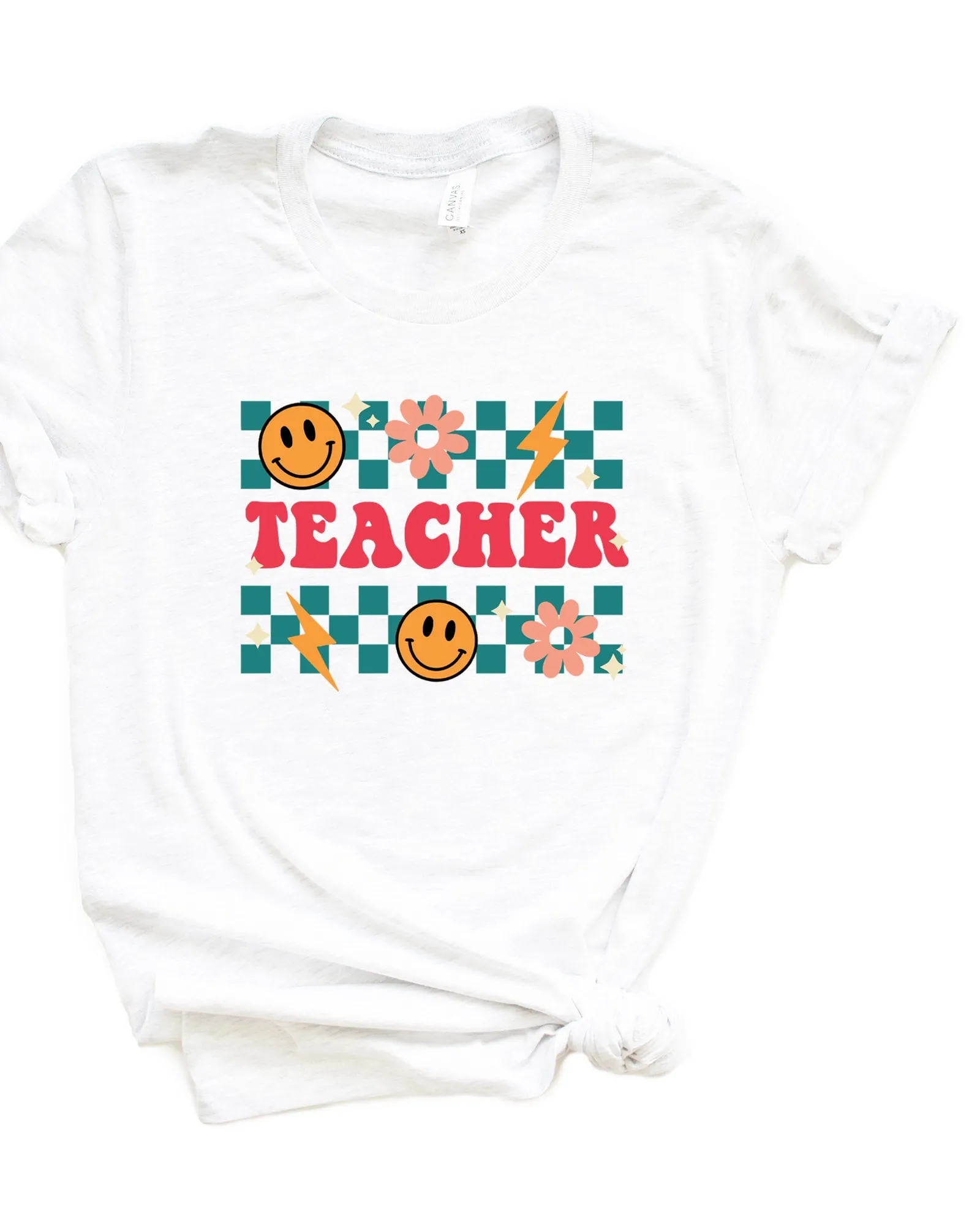 Retro Teacher Checkered Short Sleeve Graphic Tee | White
