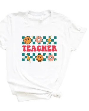 Retro Teacher Checkered Short Sleeve Graphic Tee | White