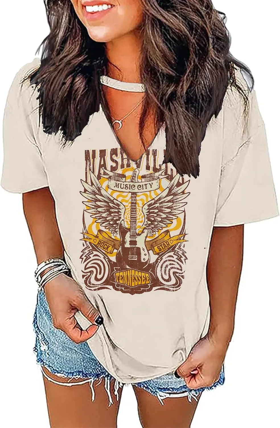 Sexy V Neck T Shirts for Women Tie Dye Hollow Out Blouse Tops Summer Loose Casual Shirt Country Music Graphic Tee Shirts