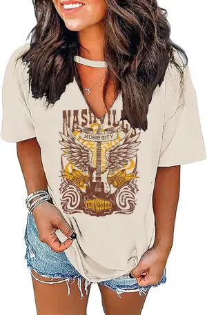 Sexy V Neck T Shirts for Women Tie Dye Hollow Out Blouse Tops Summer Loose Casual Shirt Country Music Graphic Tee Shirts