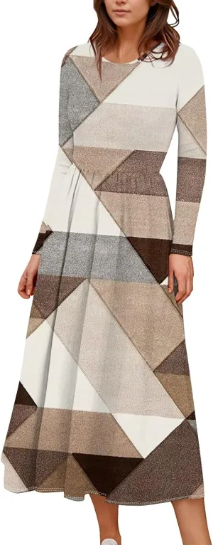 Spring Dresses for Women 2025 Long Sleeve O Neck Midi Tea Length Boho Vacation Trendy Waist Cruise Dress
