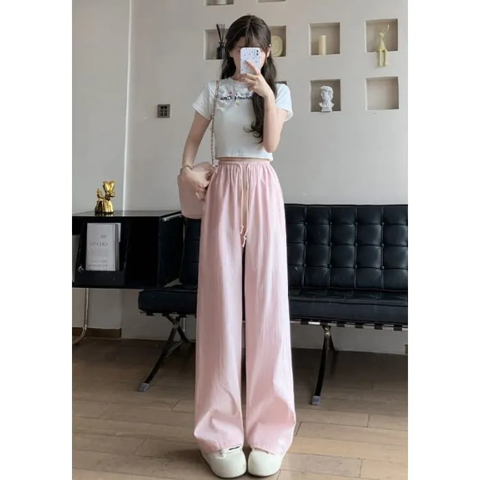Stripe High Waist Drawstring Wide Leg Sweatpants