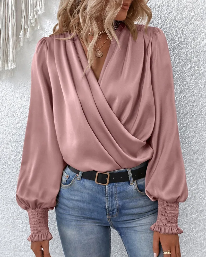 V-neck elegant plain blouse with balloon sleeves