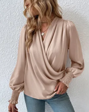 V-neck elegant plain blouse with balloon sleeves