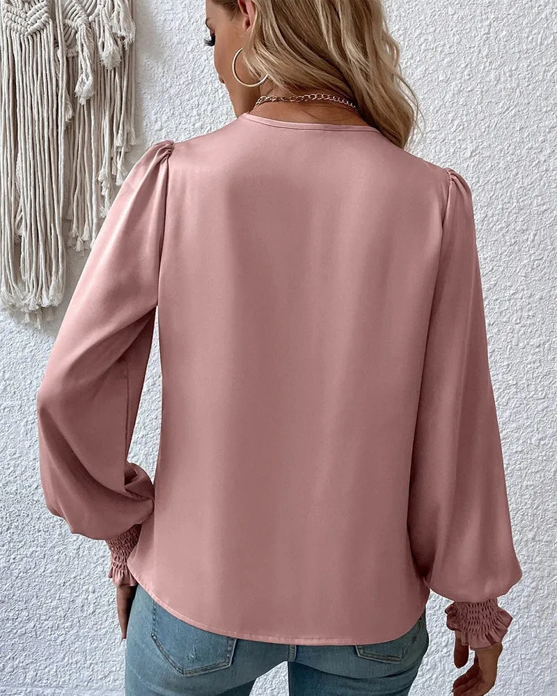 V-neck elegant plain blouse with balloon sleeves