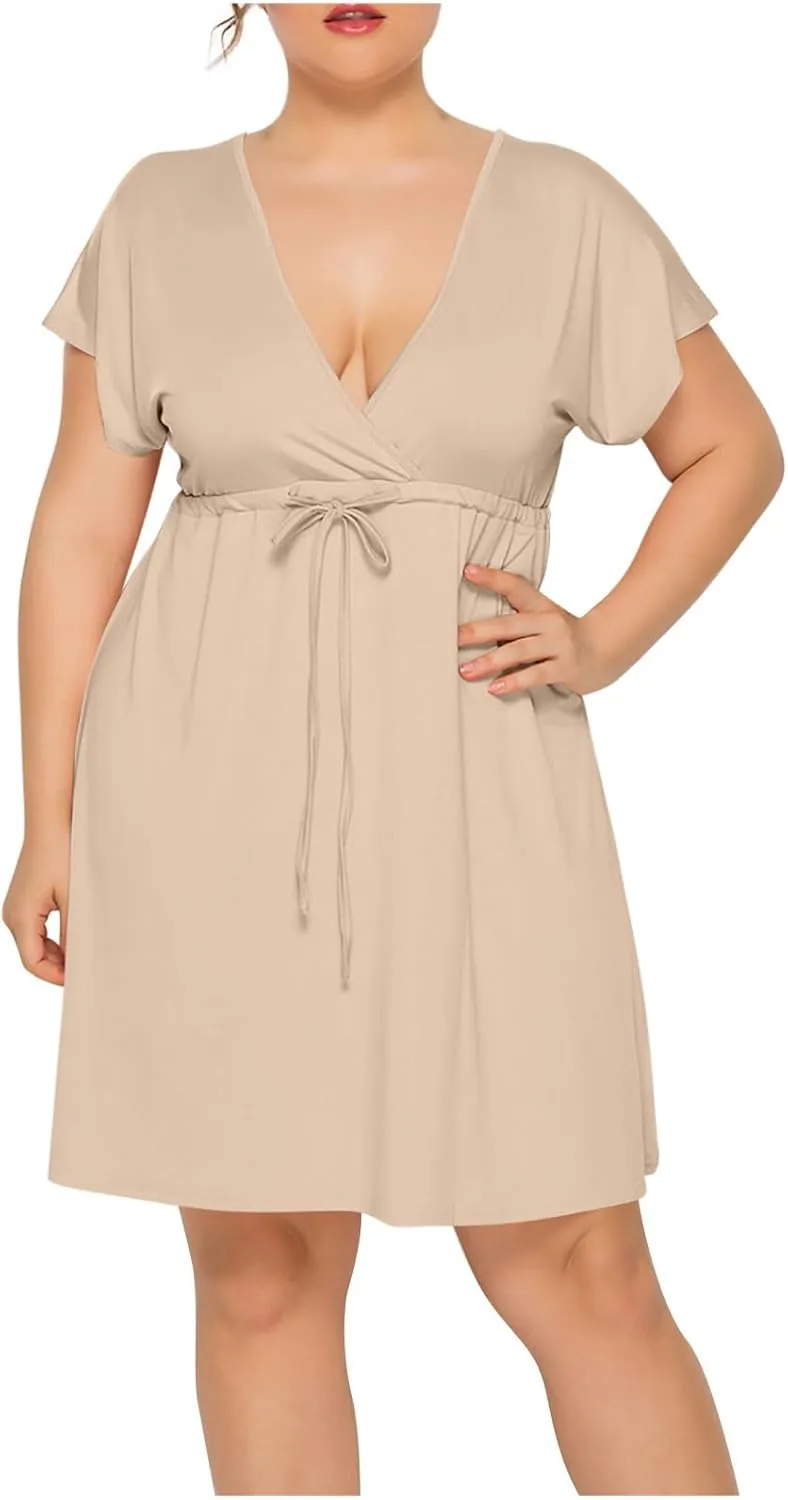 Womens Plus Size Wrap V Neck Dress Short Sleeve A-Line Midi Casual Dresses Tie Waist Loose Flowy Summer Dress