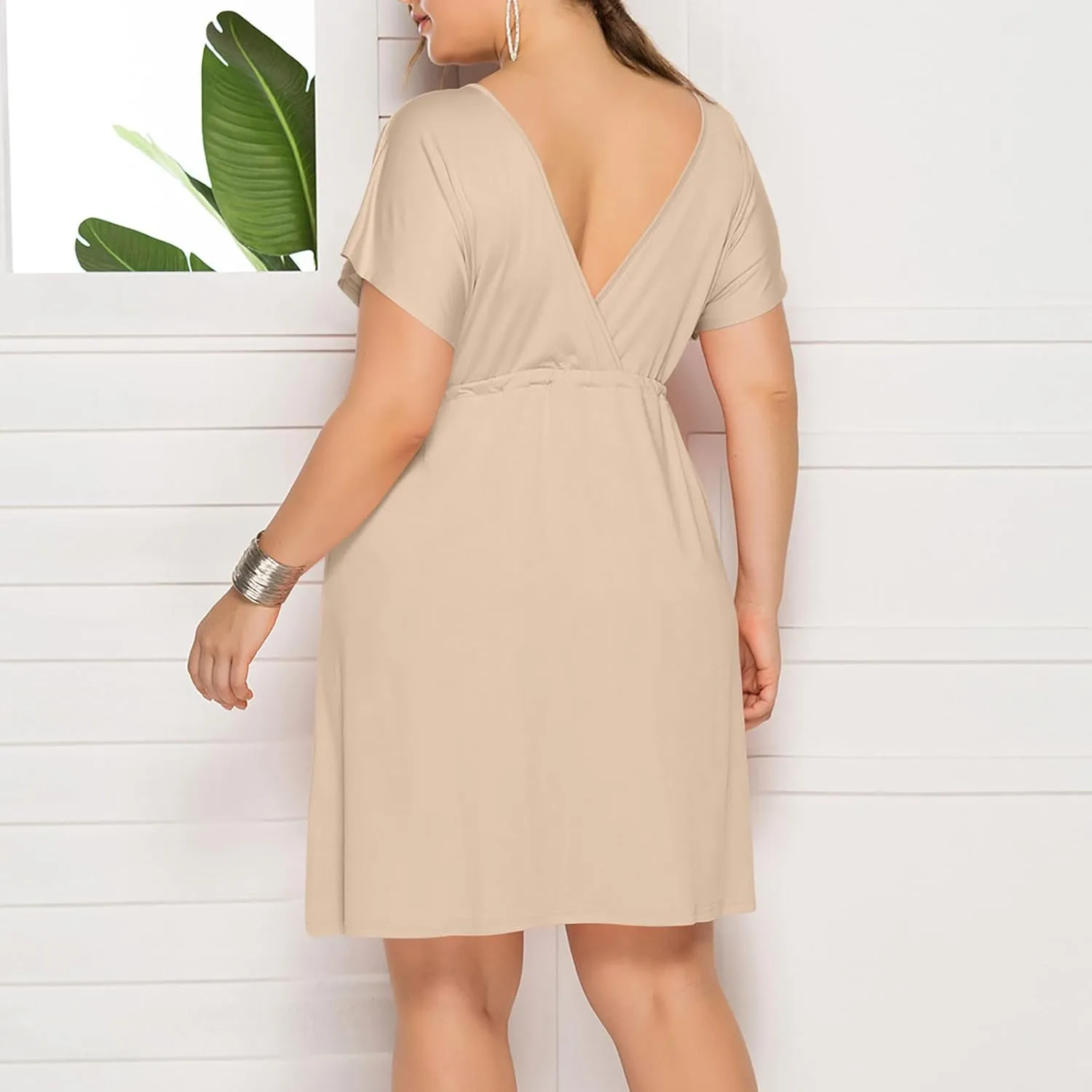 Womens Plus Size Wrap V Neck Dress Short Sleeve A-Line Midi Casual Dresses Tie Waist Loose Flowy Summer Dress