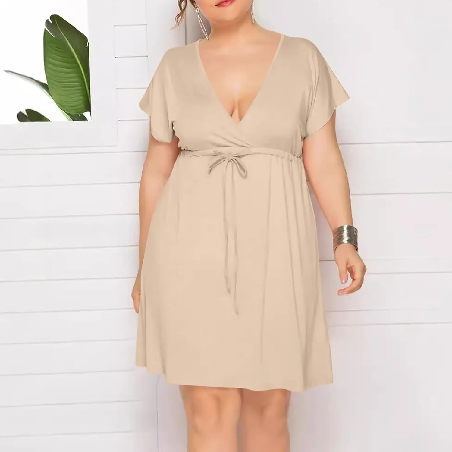 Womens Plus Size Wrap V Neck Dress Short Sleeve A-Line Midi Casual Dresses Tie Waist Loose Flowy Summer Dress