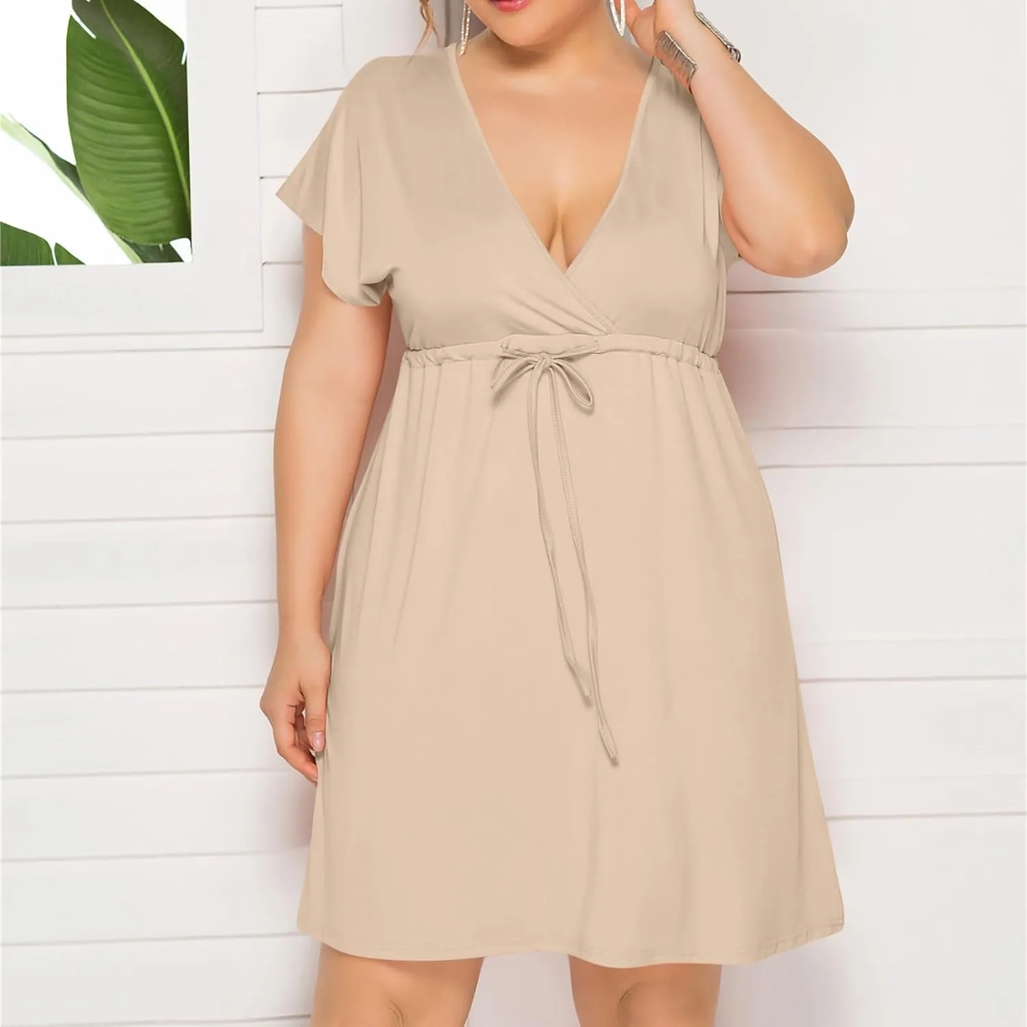 Womens Plus Size Wrap V Neck Dress Short Sleeve A-Line Midi Casual Dresses Tie Waist Loose Flowy Summer Dress