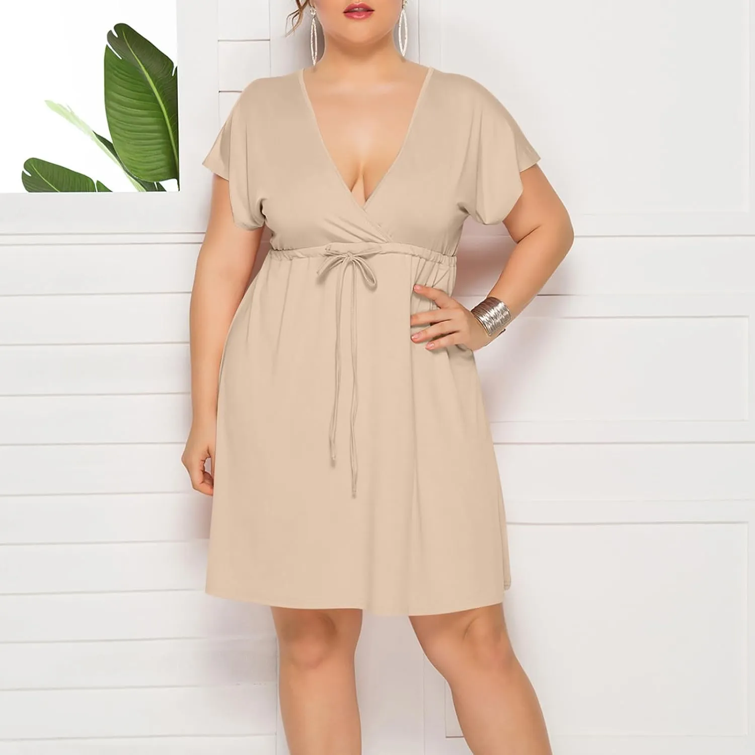 Womens Plus Size Wrap V Neck Dress Short Sleeve A-Line Midi Casual Dresses Tie Waist Loose Flowy Summer Dress