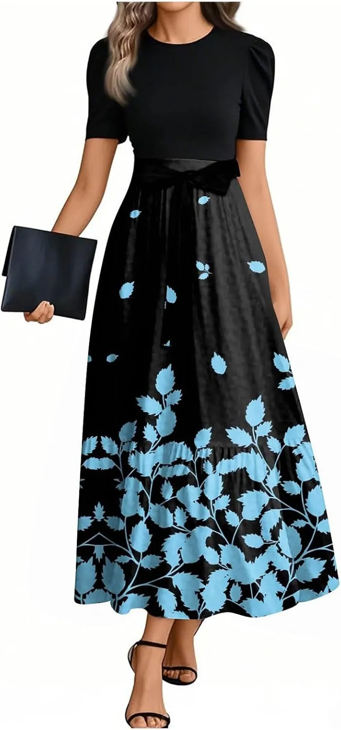 Womens Summer Casual Midi Dress Cowl Neck Short Sleeve Smocked High Waist A Line Wedding Guest