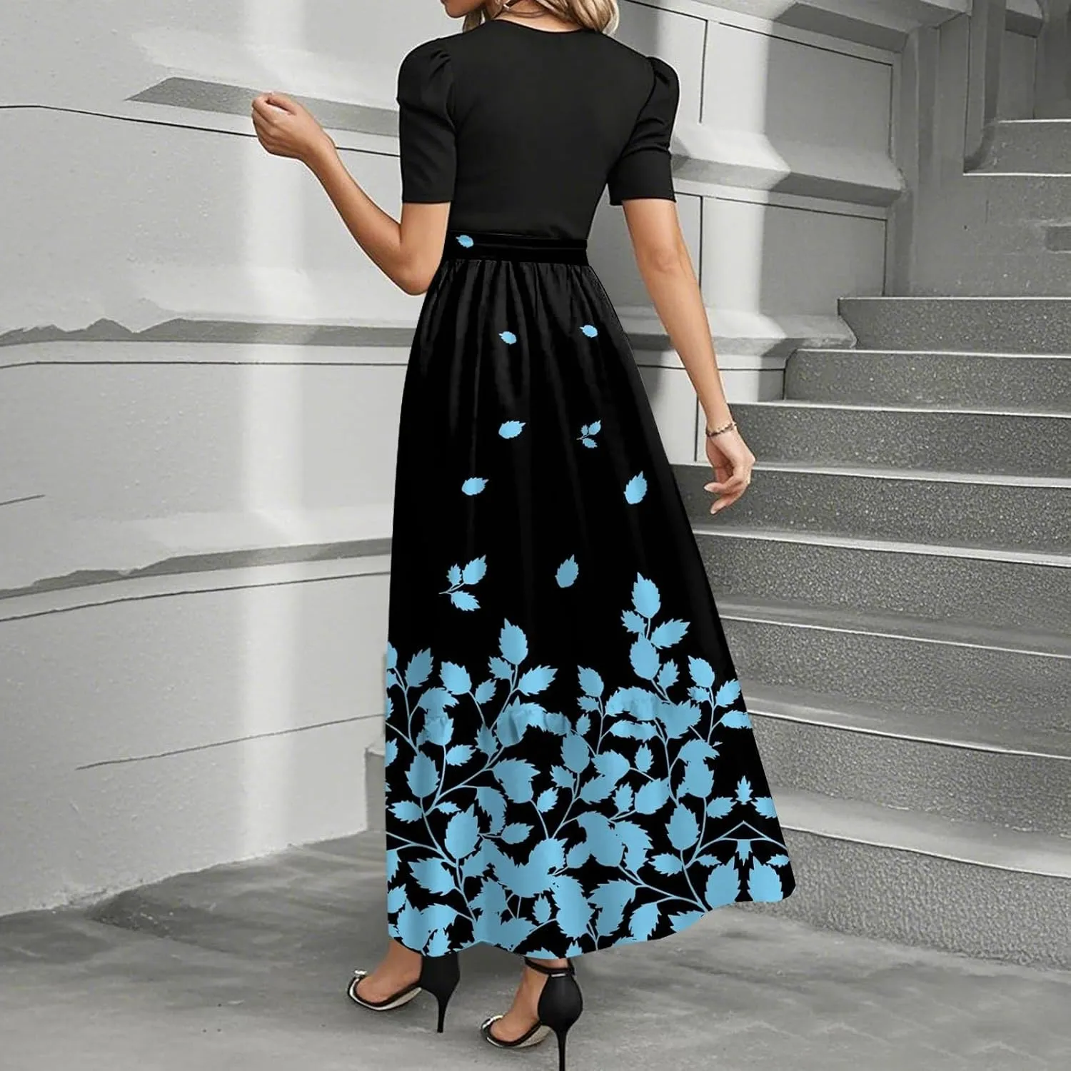 Womens Summer Casual Midi Dress Cowl Neck Short Sleeve Smocked High Waist A Line Wedding Guest