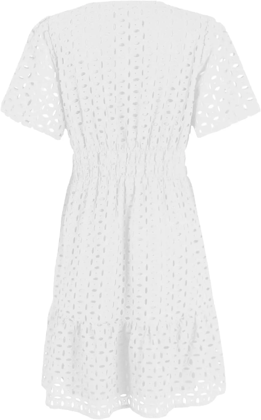 Womens Summer V Neck Short Sleeve Short Dress Casual A Line Hollow Out Lace Ruffle Beach Party Dresses