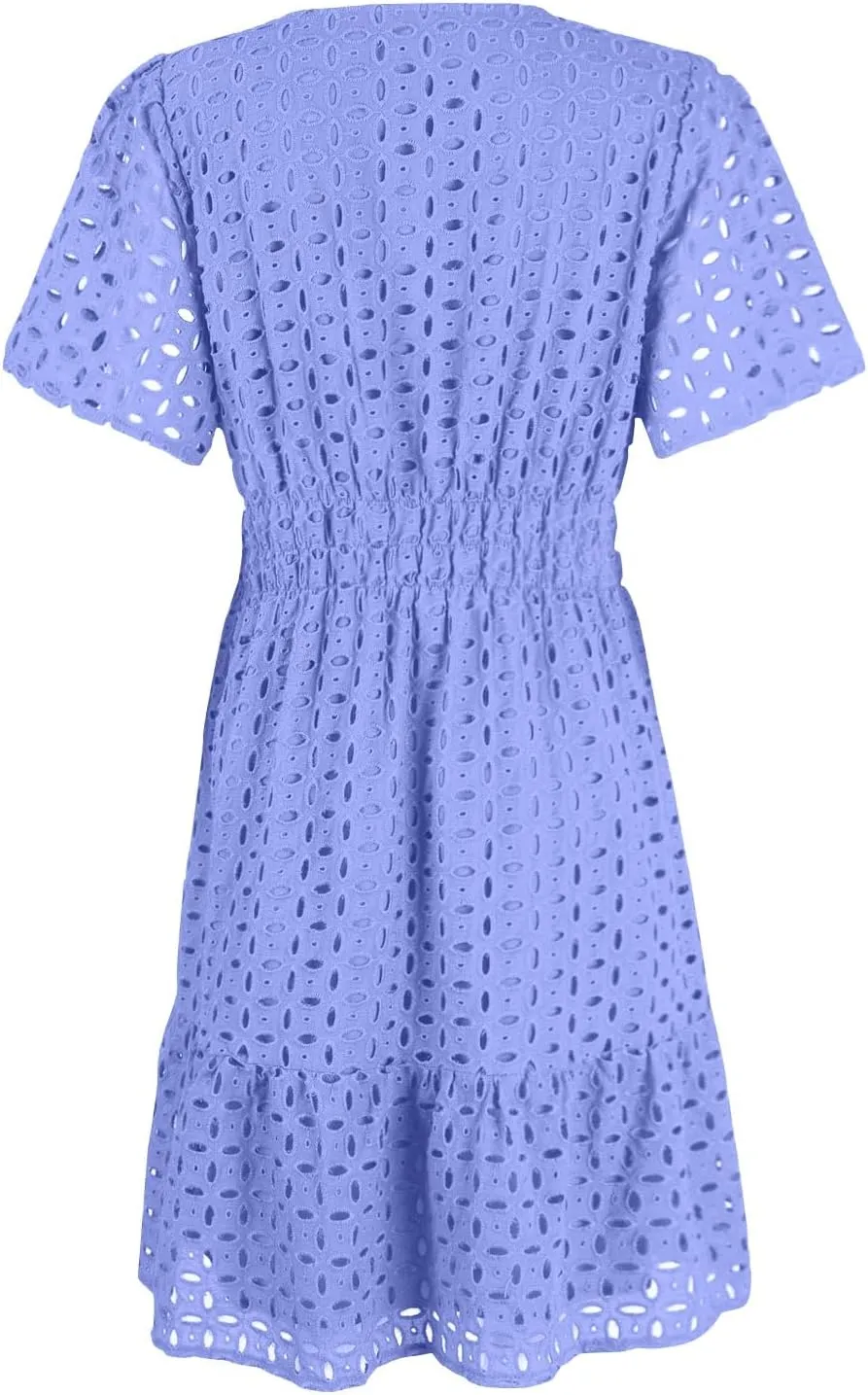 Womens Summer V Neck Short Sleeve Short Dress Casual A Line Hollow Out Lace Ruffle Beach Party Dresses