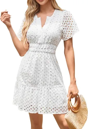 Womens Summer V Neck Short Sleeve Short Dress Casual A Line Hollow Out Lace Ruffle Beach Party Dresses