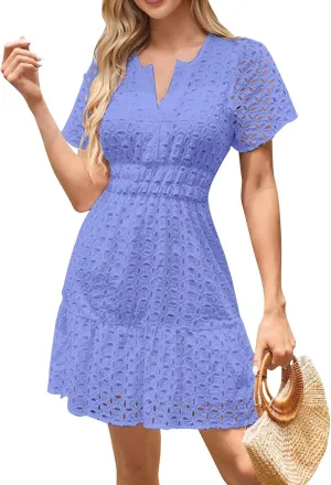 Womens Summer V Neck Short Sleeve Short Dress Casual A Line Hollow Out Lace Ruffle Beach Party Dresses