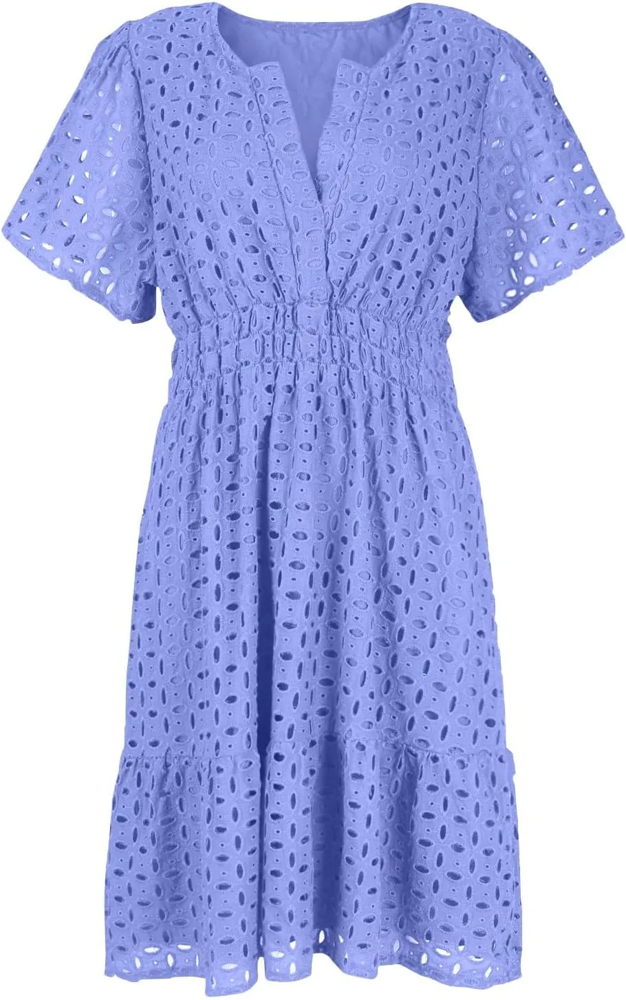 Womens Summer V Neck Short Sleeve Short Dress Casual A Line Hollow Out Lace Ruffle Beach Party Dresses