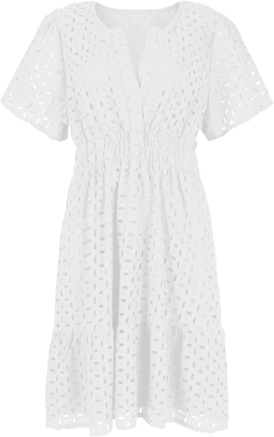 Womens Summer V Neck Short Sleeve Short Dress Casual A Line Hollow Out Lace Ruffle Beach Party Dresses