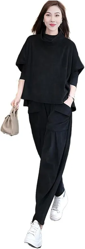 Women's Tracksuit Plus Size Fall Collared Blouse Harem Pants Set