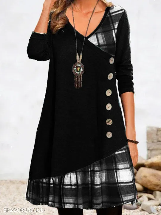 Women's Trendy Clothes  plaid print dress Autumn patchwork button pockets V-neck buttons long sleeves