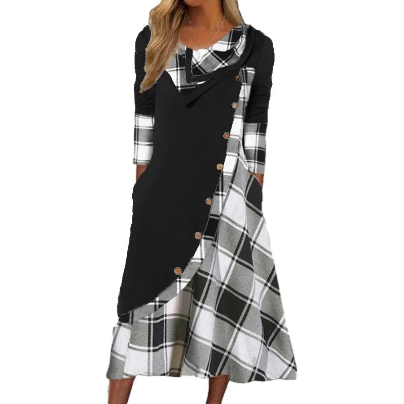 Women's Trendy Clothes  plaid print dress Autumn patchwork button pockets V-neck buttons long sleeves