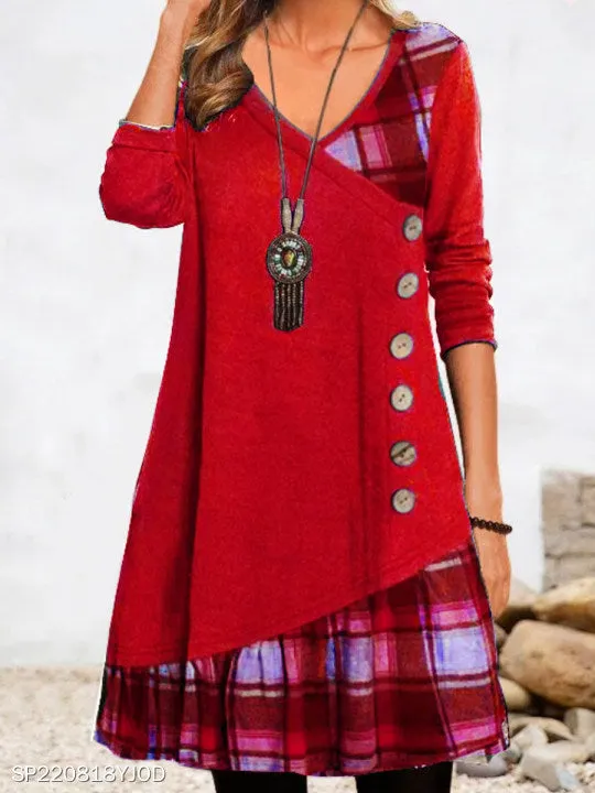 Women's Trendy Clothes  plaid print dress Autumn patchwork button pockets V-neck buttons long sleeves
