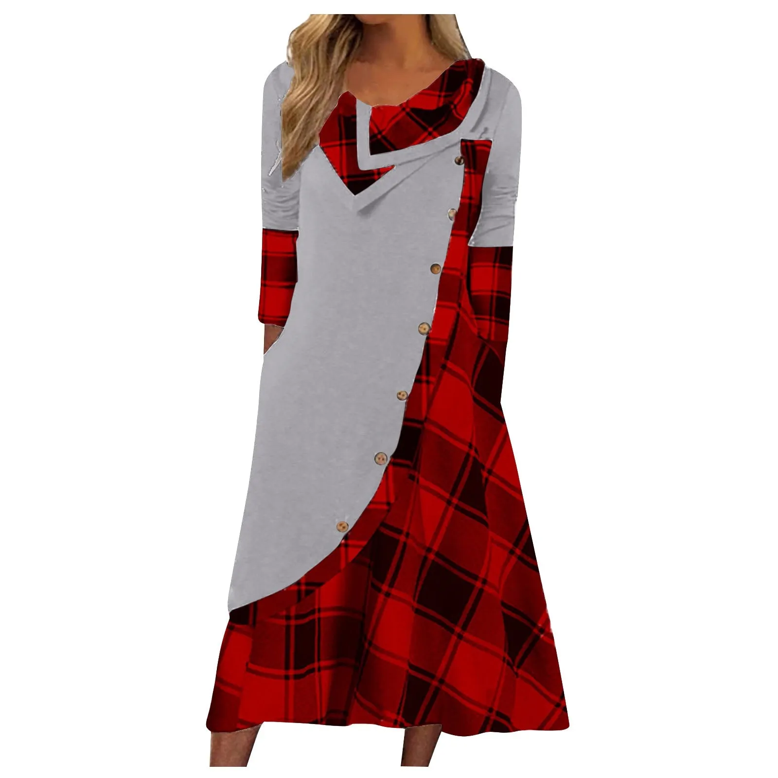 Women's Trendy Clothes  plaid print dress Autumn patchwork button pockets V-neck buttons long sleeves