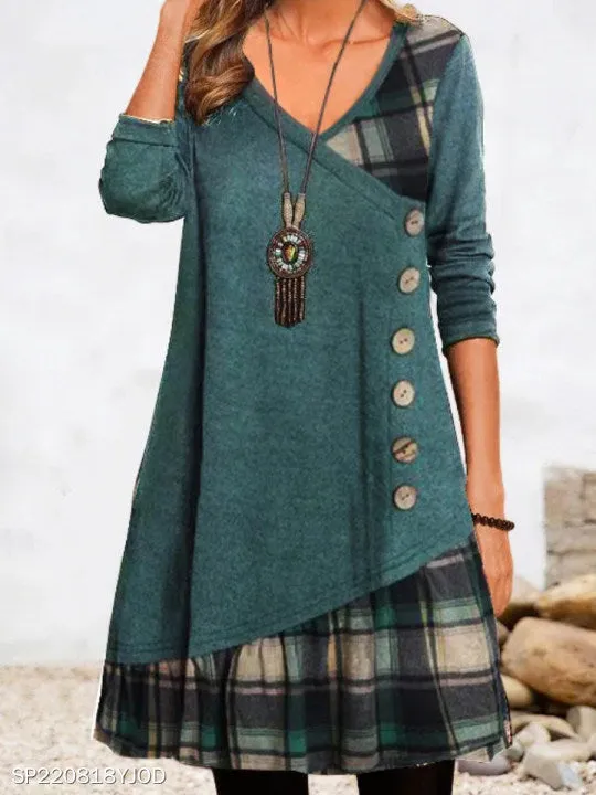 Women's Trendy Clothes  plaid print dress Autumn patchwork button pockets V-neck buttons long sleeves