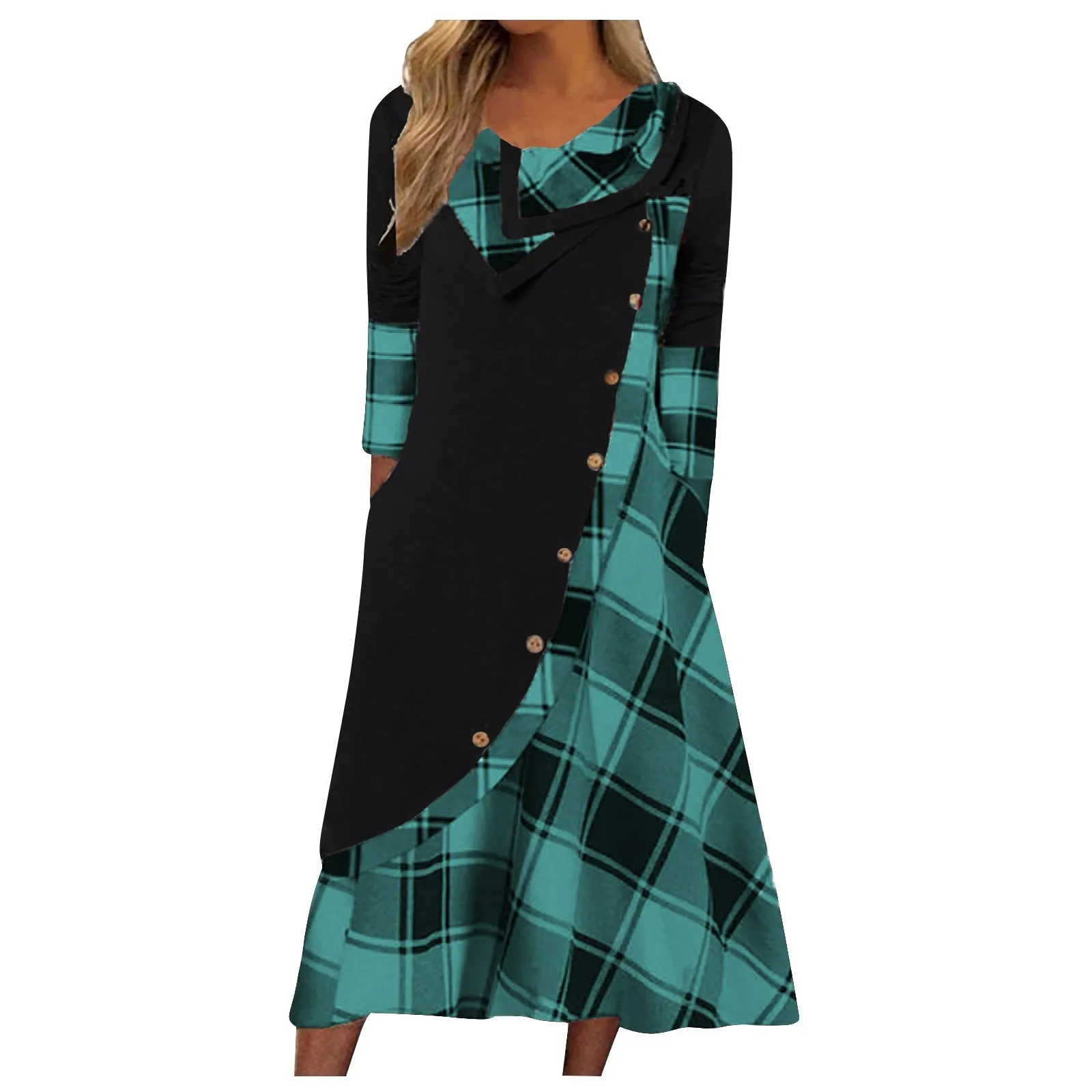 Women's Trendy Clothes  plaid print dress Autumn patchwork button pockets V-neck buttons long sleeves