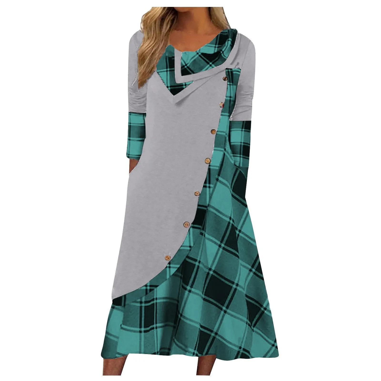 Women's Trendy Clothes  plaid print dress Autumn patchwork button pockets V-neck buttons long sleeves