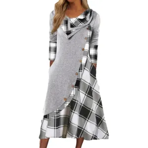 Women's Trendy Clothes  plaid print dress Autumn patchwork button pockets V-neck buttons long sleeves