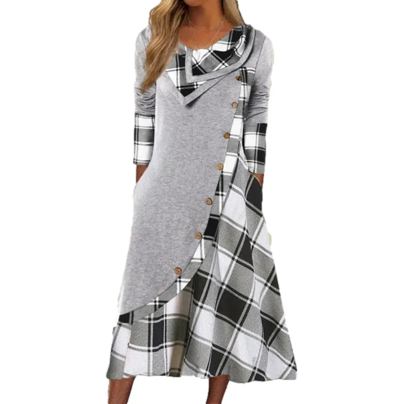 Women's Trendy Clothes  plaid print dress Autumn patchwork button pockets V-neck buttons long sleeves
