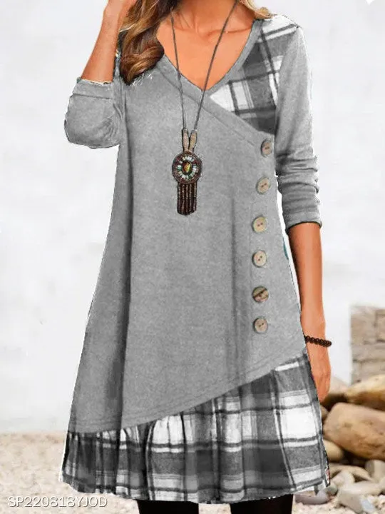 Women's Trendy Clothes  plaid print dress Autumn patchwork button pockets V-neck buttons long sleeves