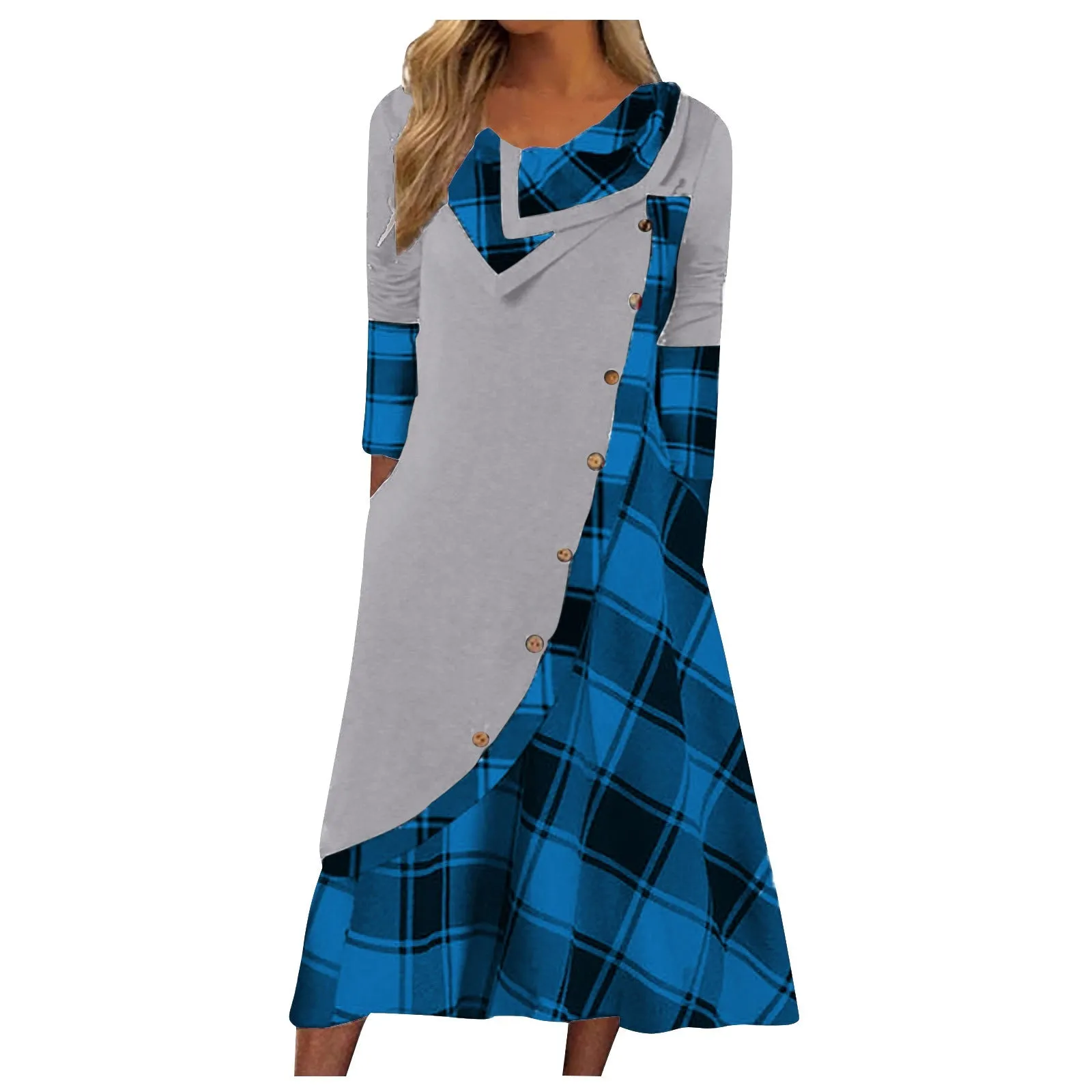Women's Trendy Clothes  plaid print dress Autumn patchwork button pockets V-neck buttons long sleeves