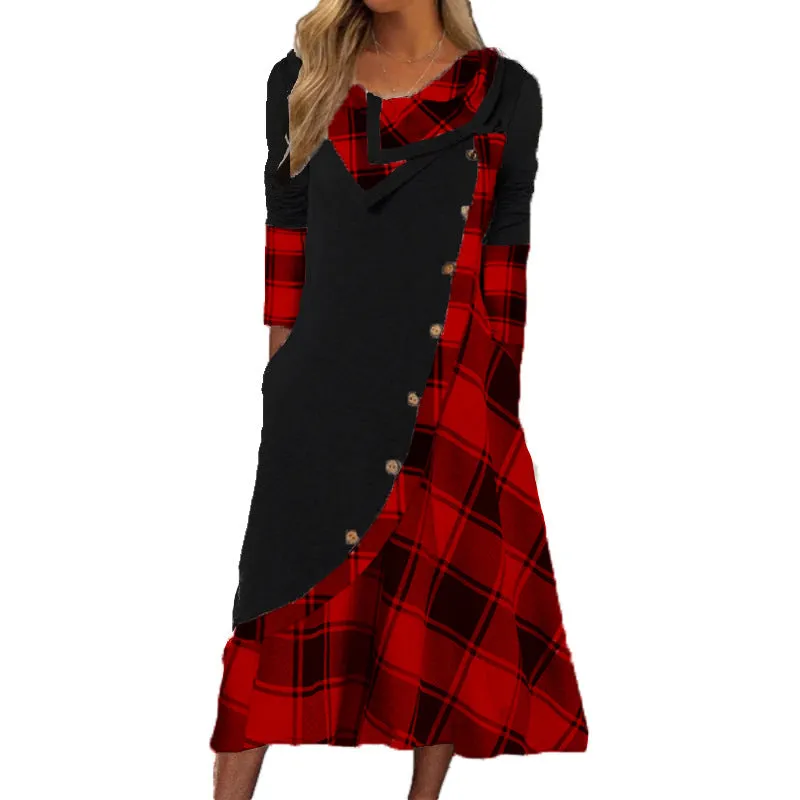 Women's Trendy Clothes  plaid print dress Autumn patchwork button pockets V-neck buttons long sleeves