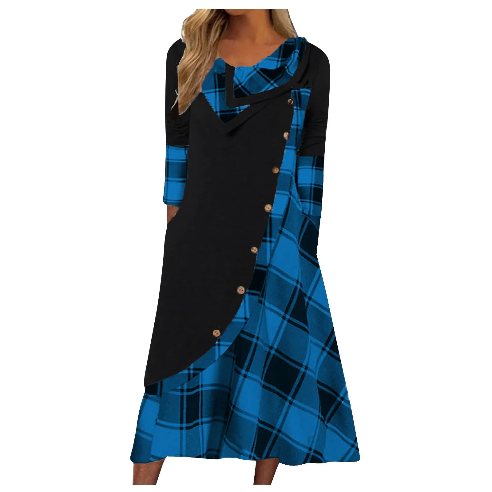 Women's Trendy Clothes  plaid print dress Autumn patchwork button pockets V-neck buttons long sleeves