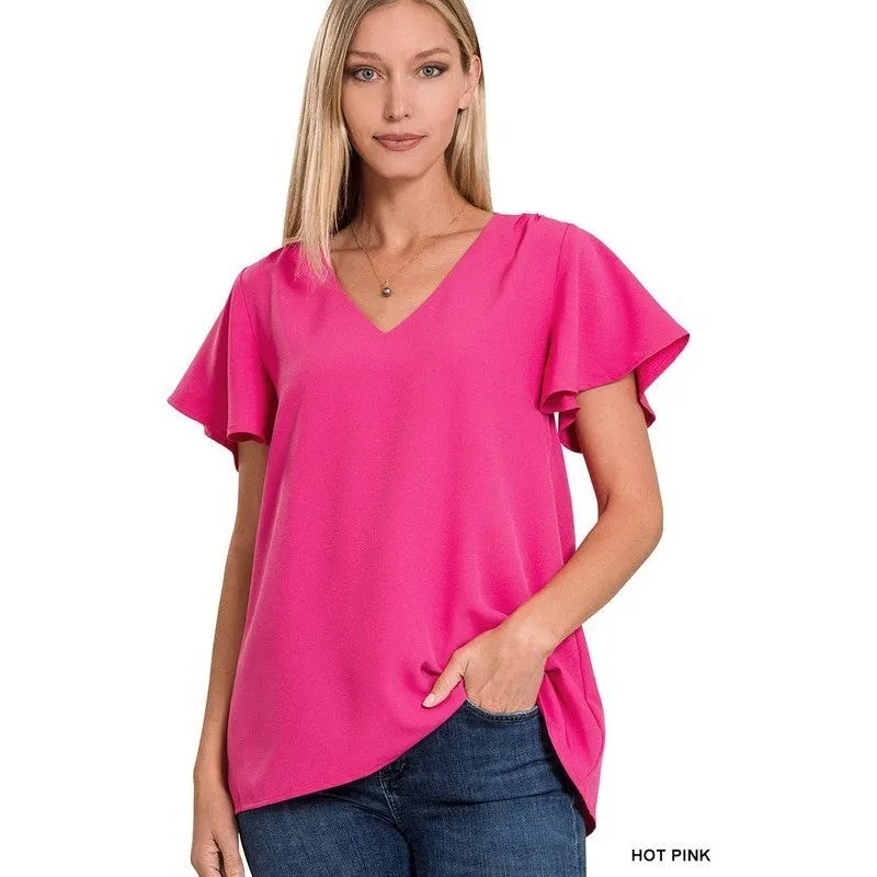 WOVEN FLUTTER SLEEVE V-NECK TOP